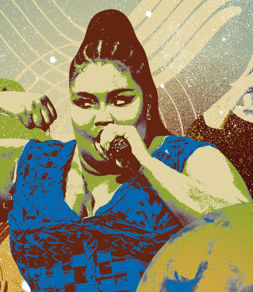 Collage of Taurus celebrities: Gigi Hadid and Adele in the background and Lizzo at the forefront