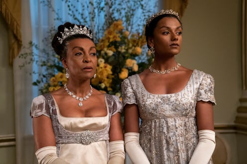 Lady Danbury in white dress and crown in season 2 of bridgerton