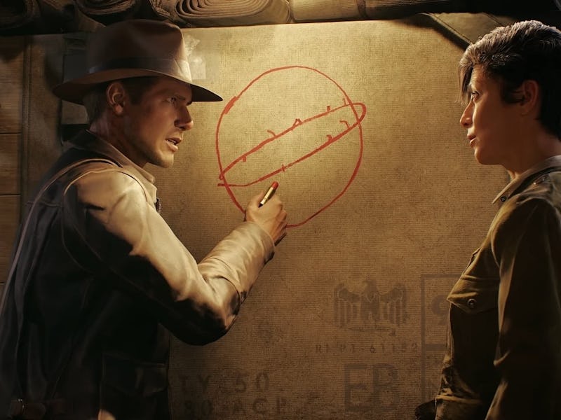 A man in a hat passionately gestures while drawing a red circle on a worn map, while a focused woman...