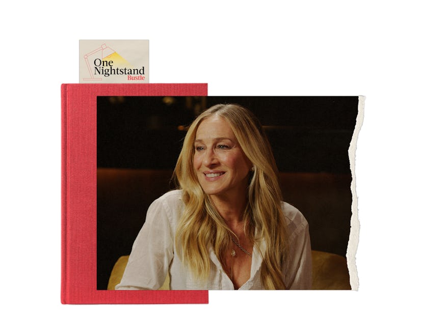 A collage featuring a smiling woman with long blonde hair, set against a red book cover. The top inc...